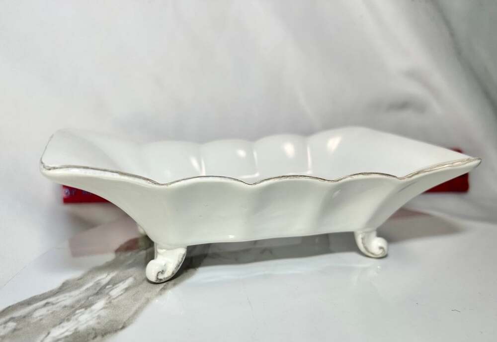 MudPie White Scalloped Footed Decorative White gold accent Soap Dish